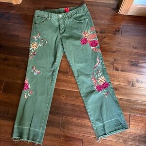 Floral Embroidered Green Wide Leg Jeans